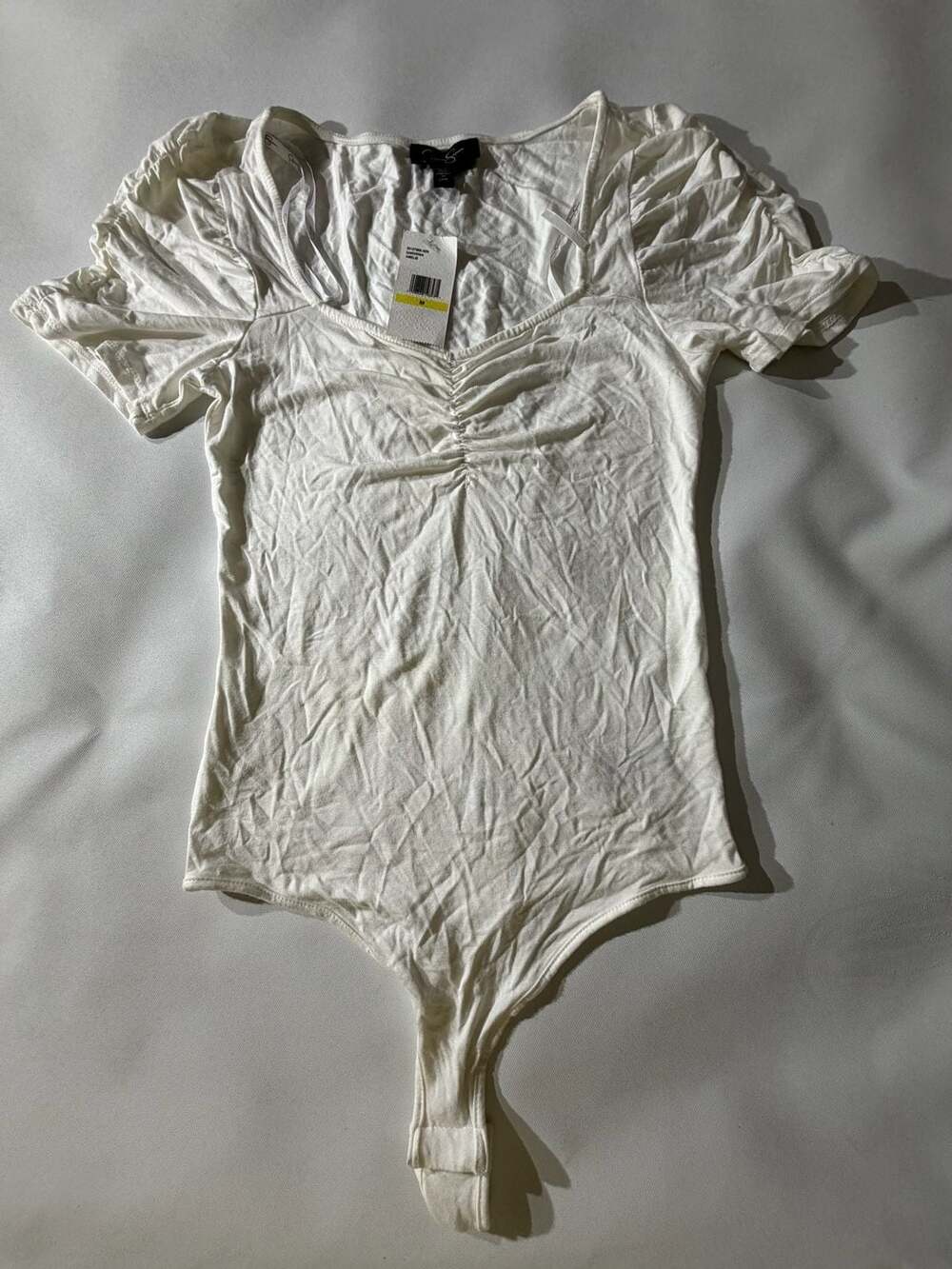 NWT Jessica Simpson M White Ruched Bodysuit Puff Sleeve Sweetheart Y2K